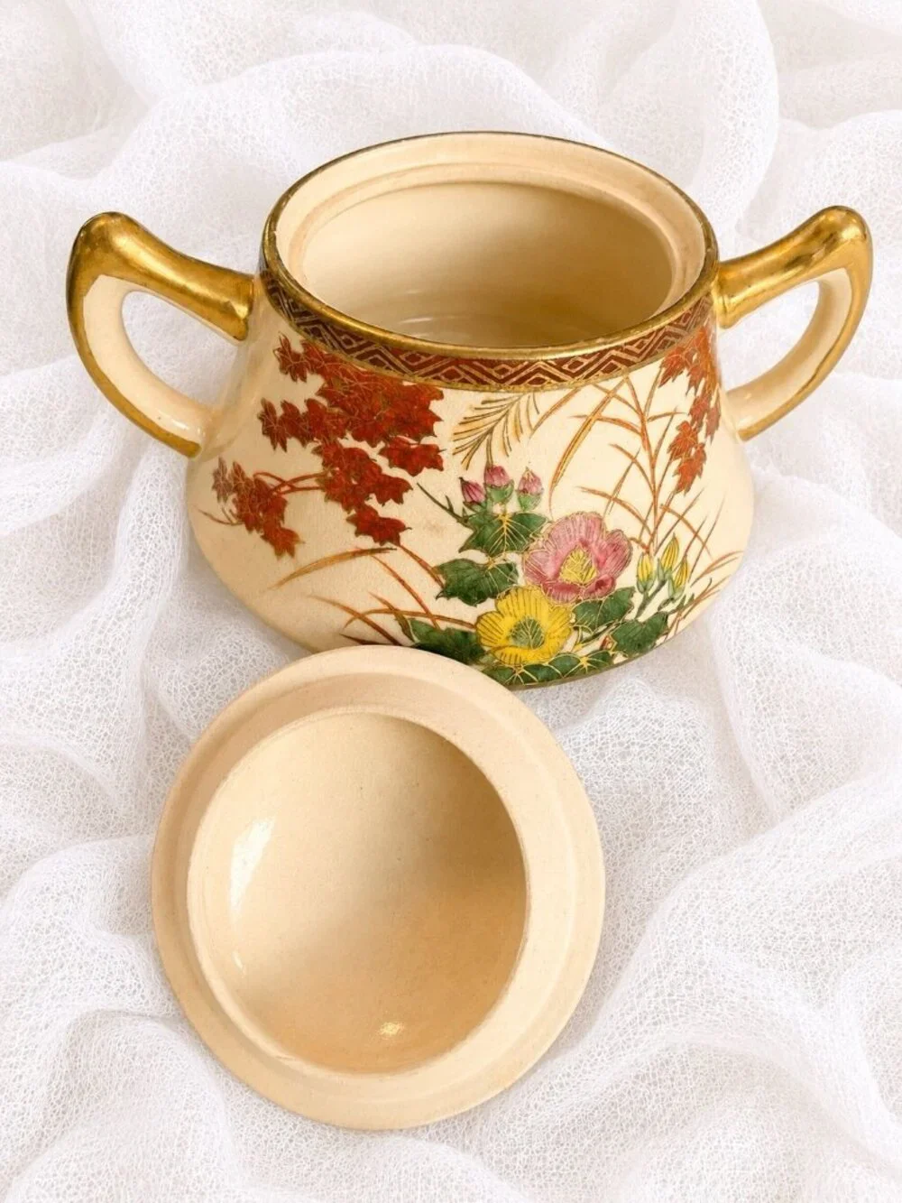 Vintage Kutani Japan Tea Set 13 Pc Autumn Maple Crackle Glaze Gold Trim Teapot